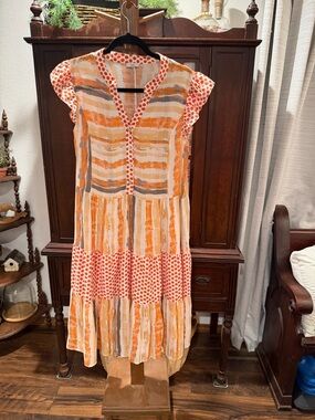 Women's Orange Striped & Polka Midi Dress with Flutter Sleeves